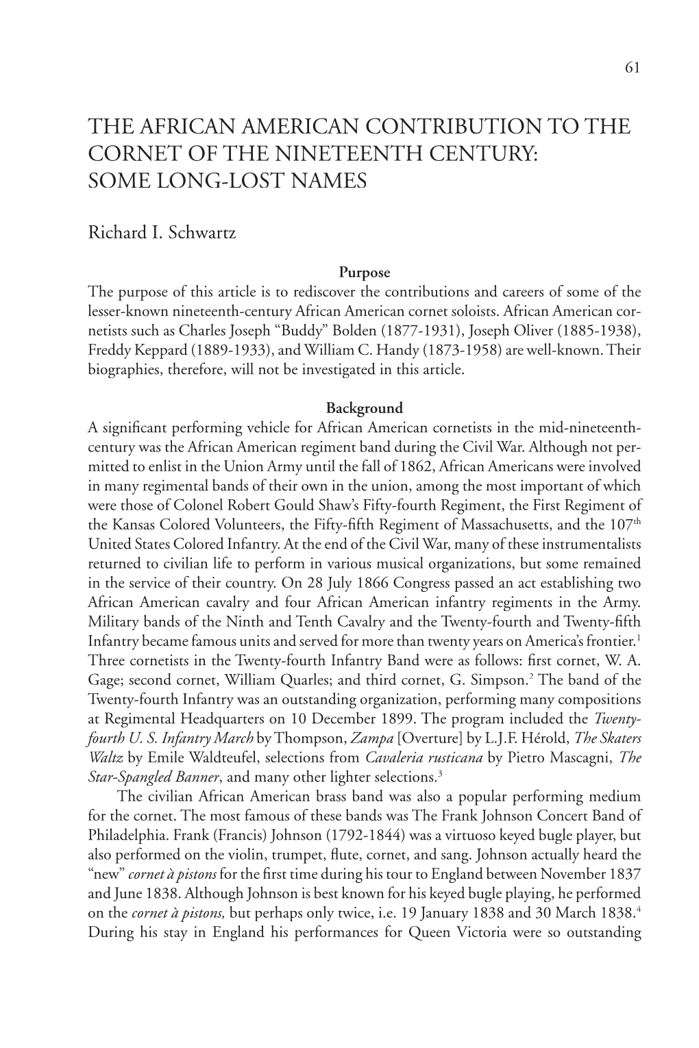 The African American Contribution to the Cornet of the Nineteenth Century: Some Long-Lost Names