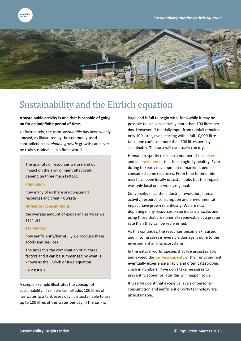 Sustainability and the Ehrlich Equation