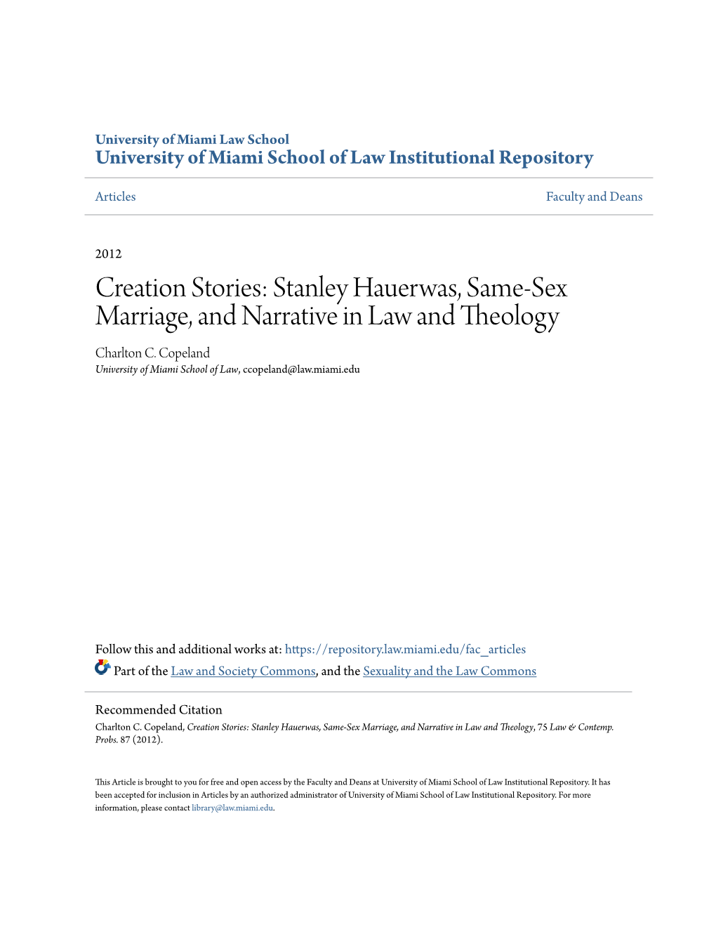 Stanley Hauerwas, Same-Sex Marriage, and Narrative in Law and Theology Charlton C