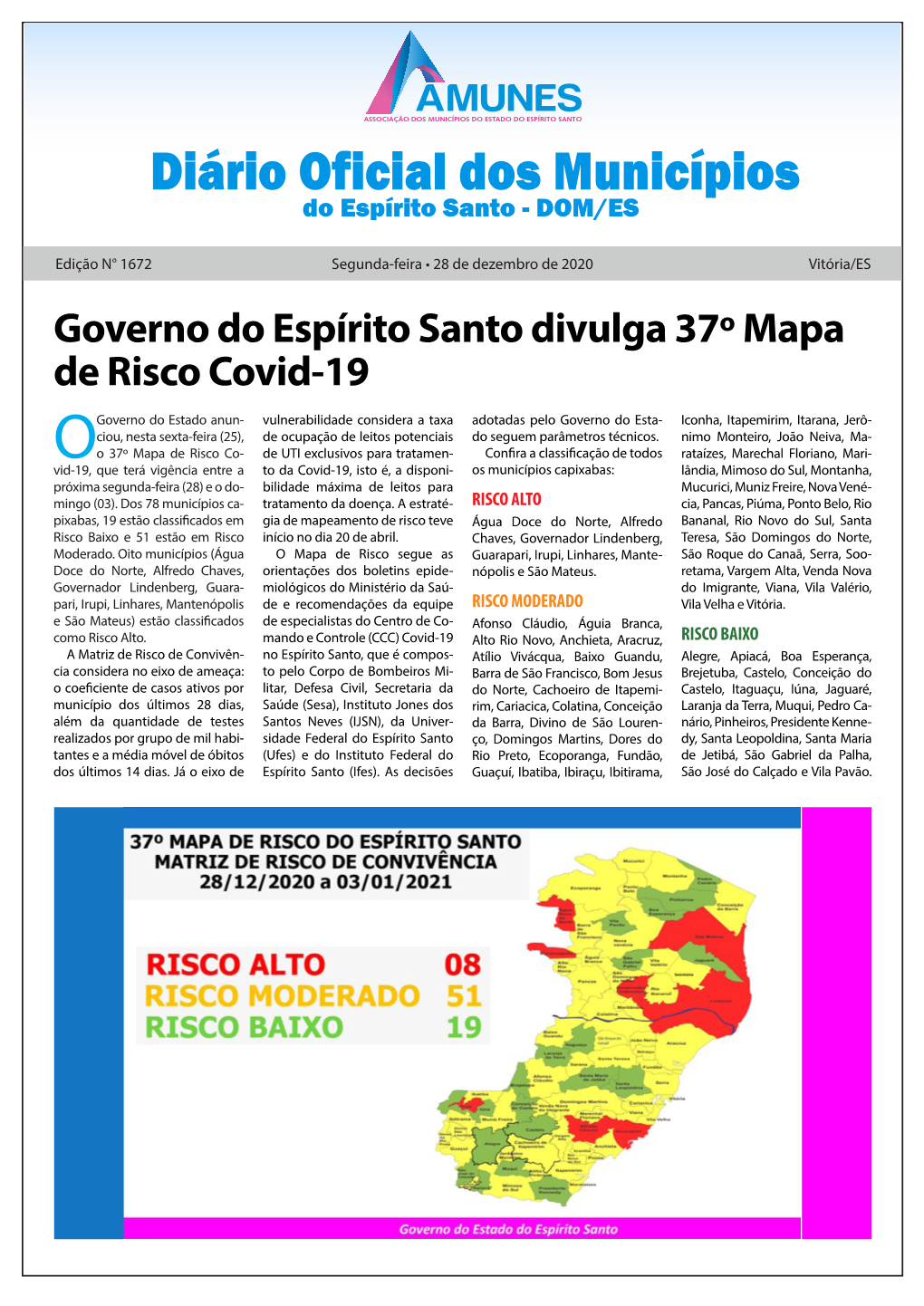 Governo Do Espírito Santo Divulga 37º Mapa De Risco Covid-19