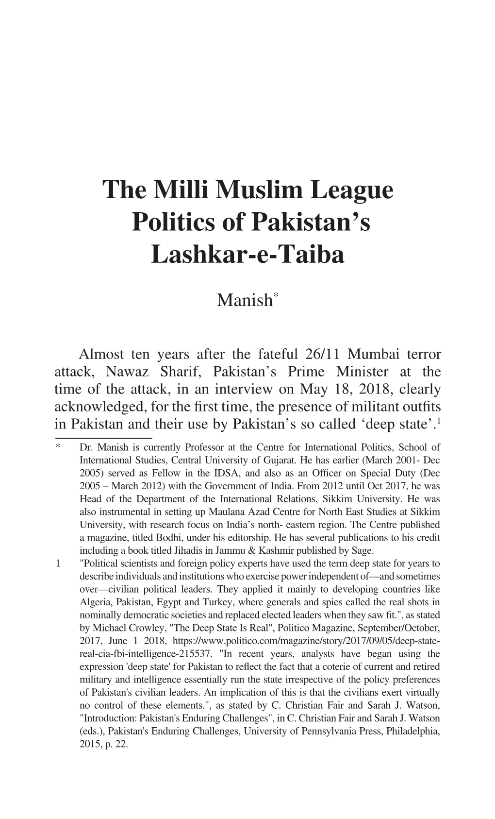 The Milli Muslim League Politics of Pakistan's Lashkar-E-Taiba