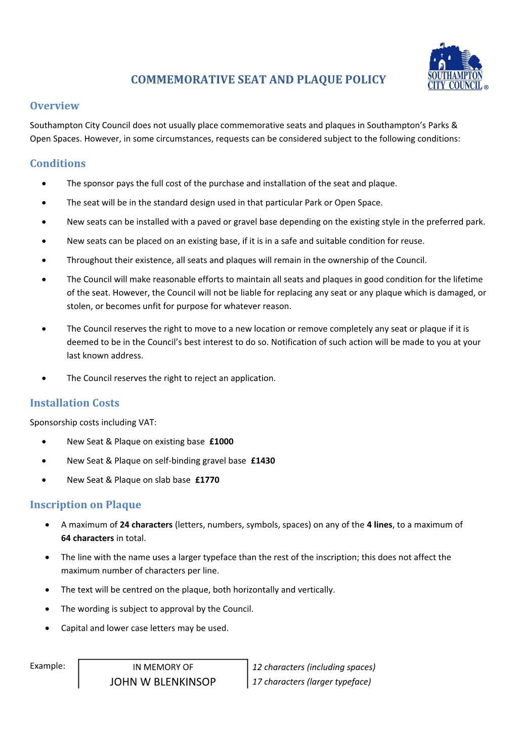 Commerative Seat and Plaque Policy and Application Form