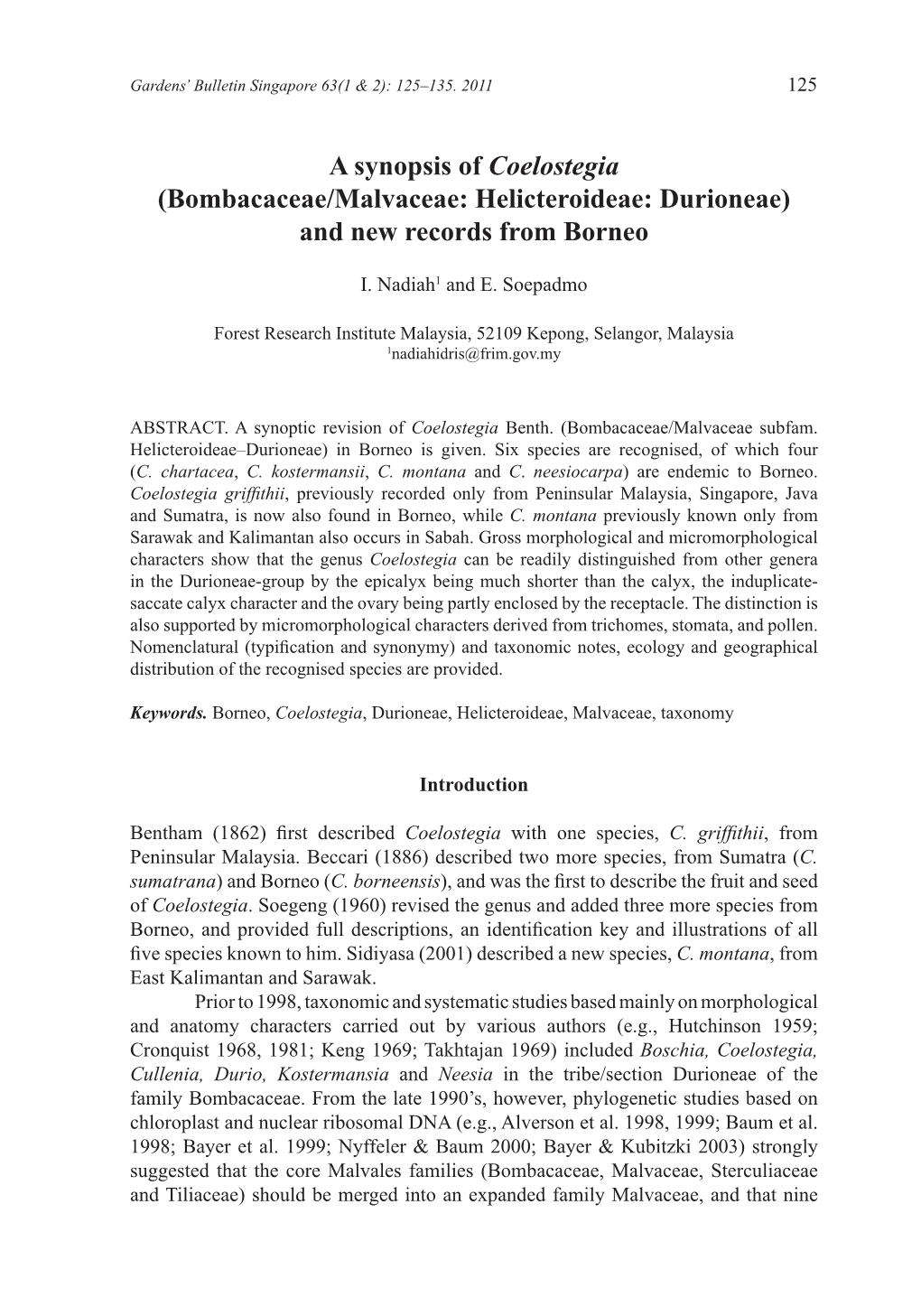 Bombacaceae/Malvaceae: Helicteroideae: Durioneae) and New Records from Borneo