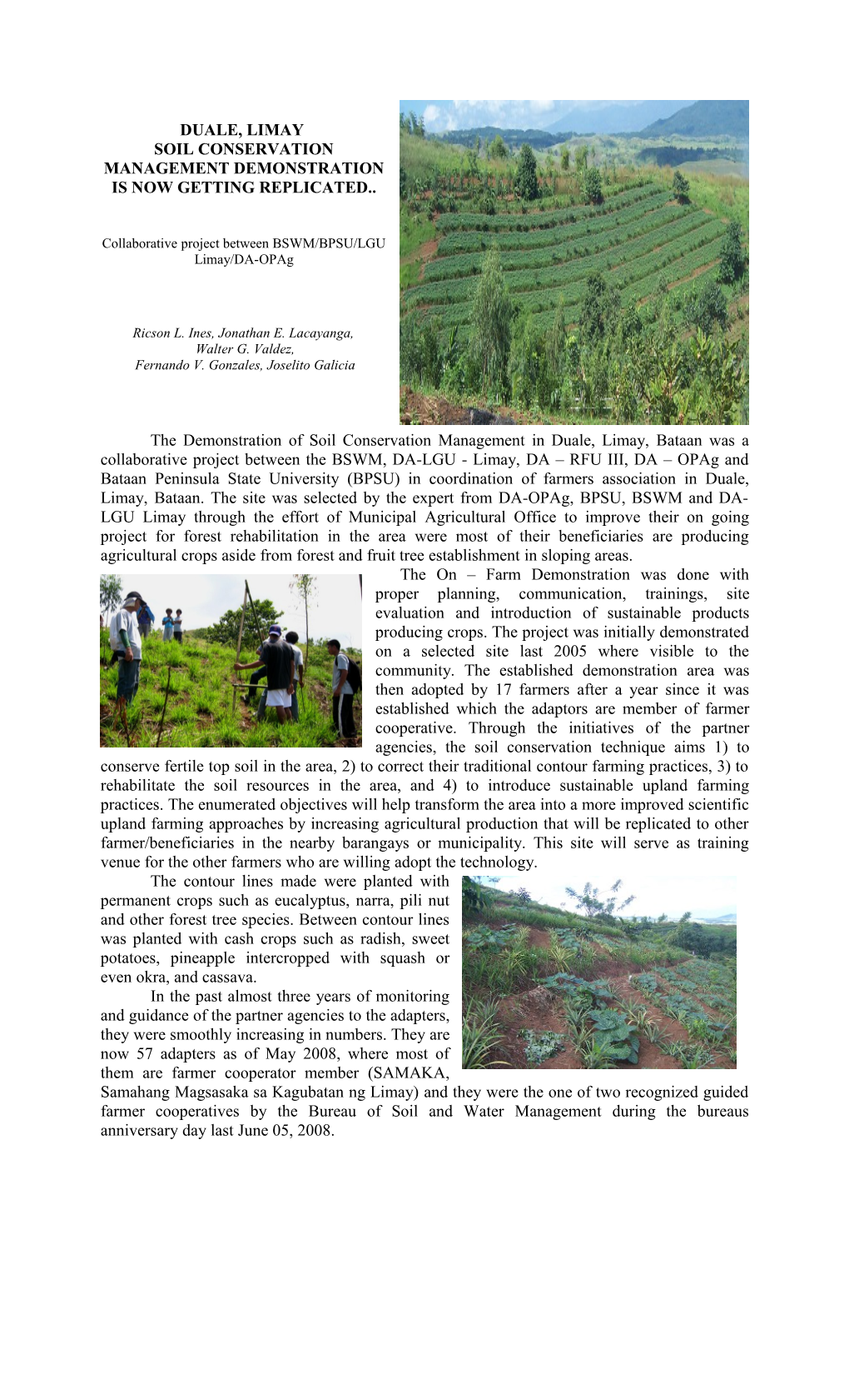 Bswm-Bpsu-Lgu, Limay Soil Conservation Management Demonstration For Sustainable Upland Productivity: