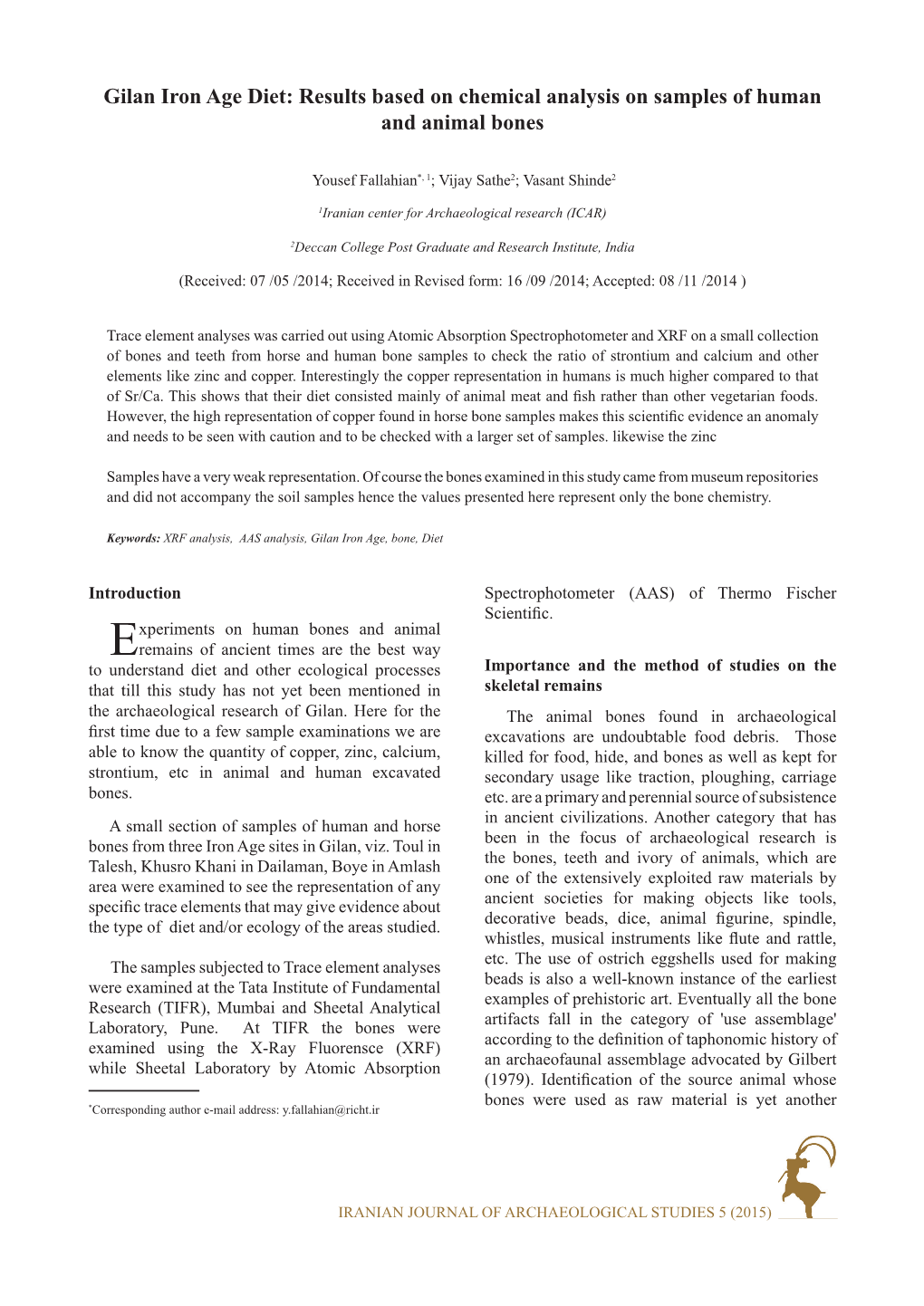 Gilan Iron Age Diet: Results Based on Chemical Analysis on Samples of Human and Animal Bones