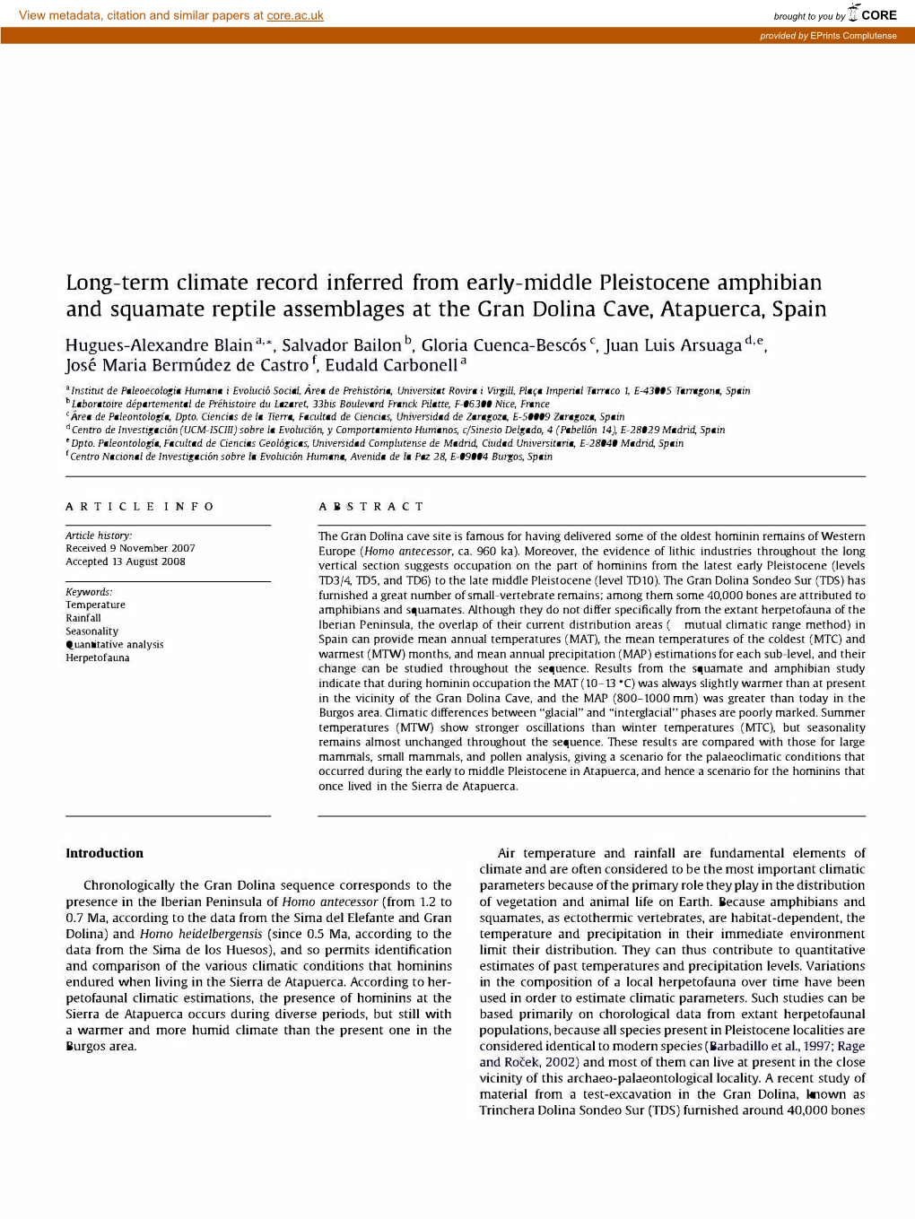 Long-Term Climate Record Inferred from Early-Middle Pleistocene Amphibian and Squamate Reptile Assemblages at the Gran Dolina Cave, Atapuerca, Spain