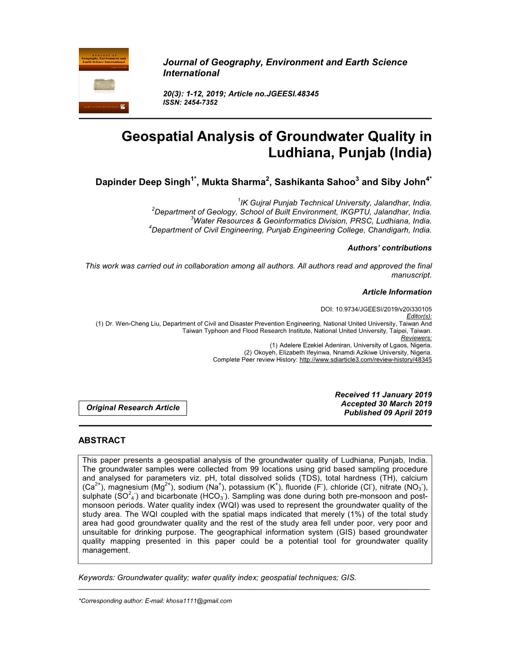 Geospatial Analysis of Groundwater Quality in Ludhiana, Punjab (India)