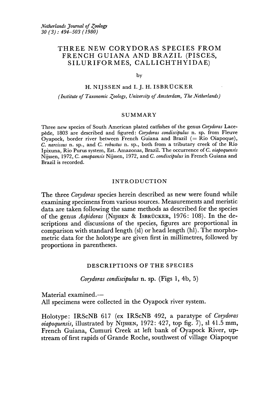 Three New Corydoras Species from French Guiana and Brazil (Pisces, Siluriformes, Callichthyidae)