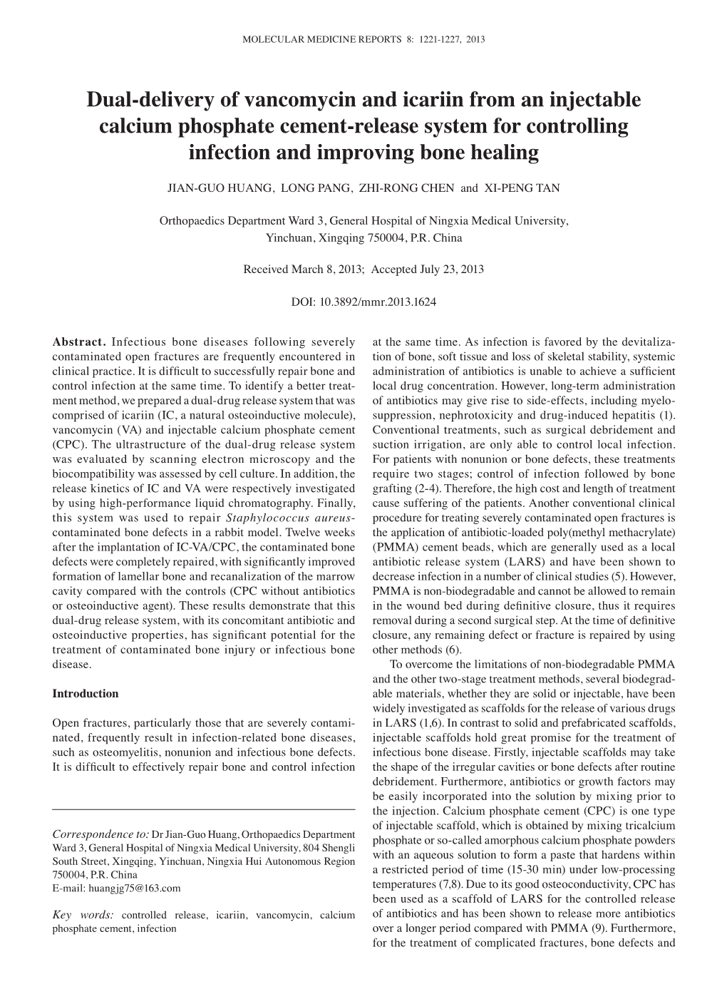 Dual-Delivery of Vancomycin and Icariin from an Injectable Calcium Phosphate Cement-Release System for Controlling Infection and Improving Bone Healing