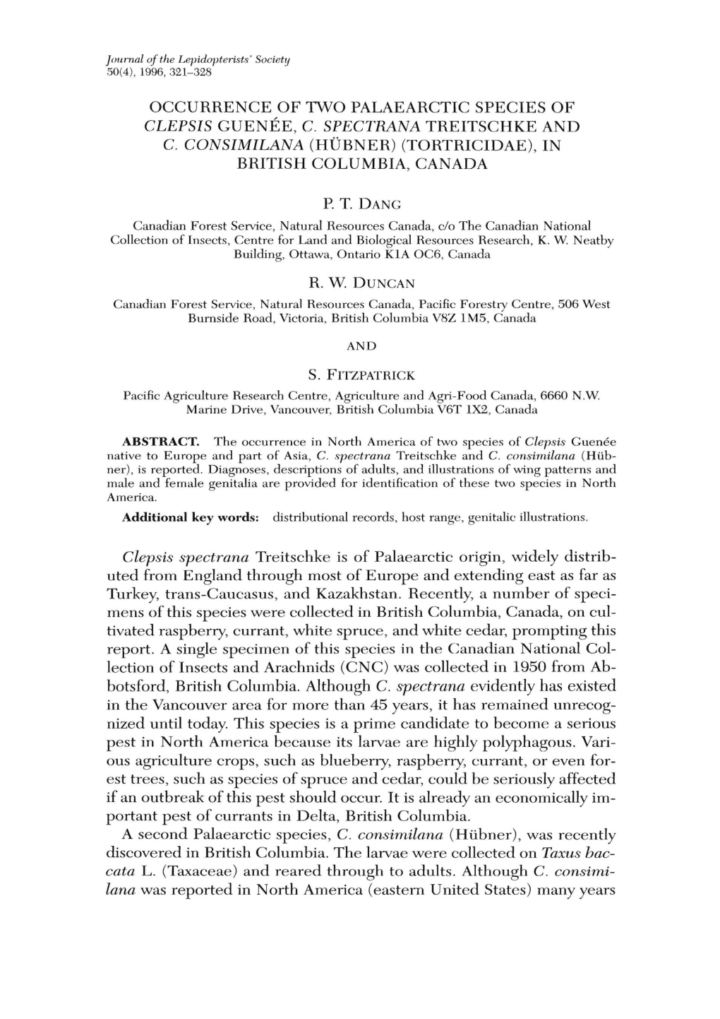 Occurrence of Two Palaearctic Species of Clepsis Guenee, C. Spectrana Treitschke and C