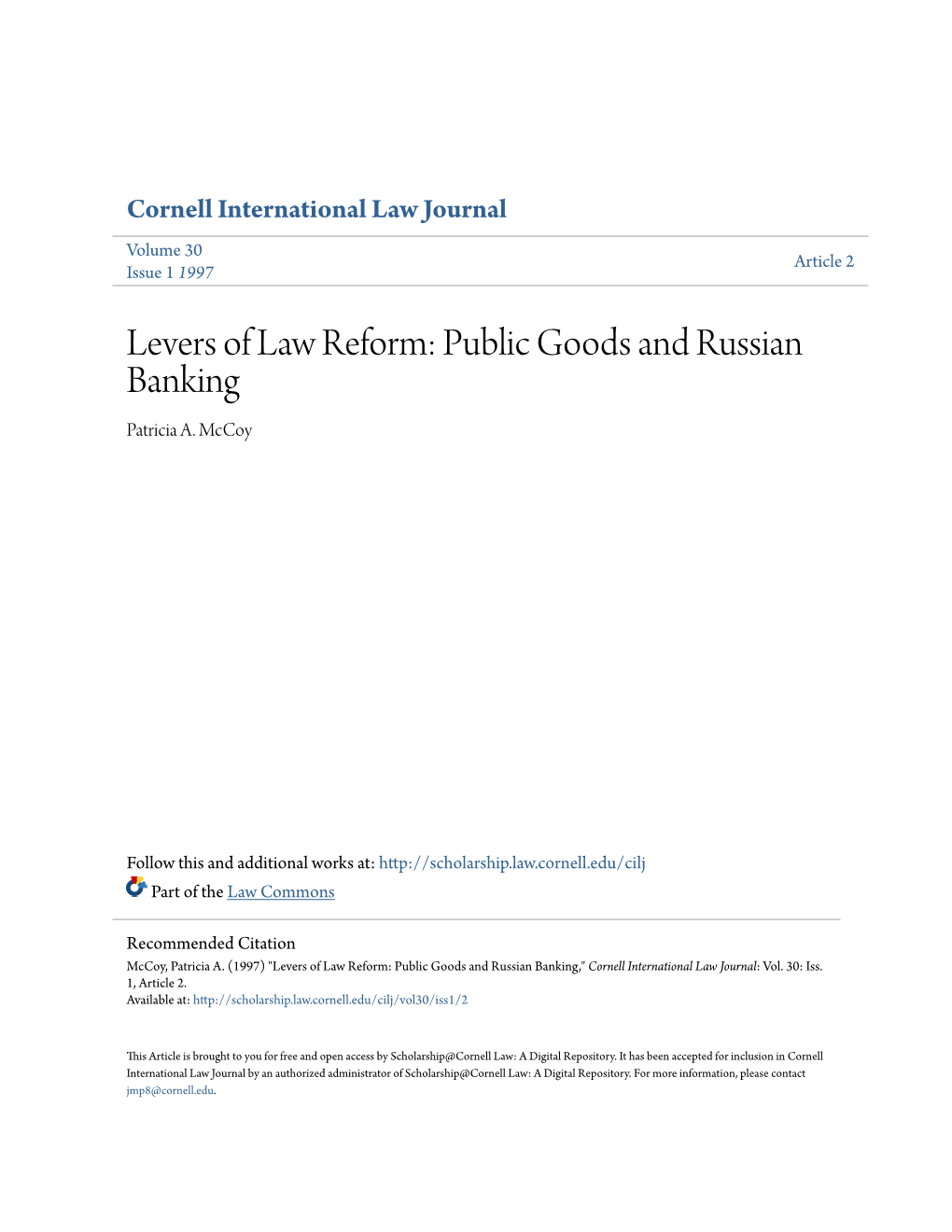 Levers of Law Reform: Public Goods and Russian Banking Patricia A