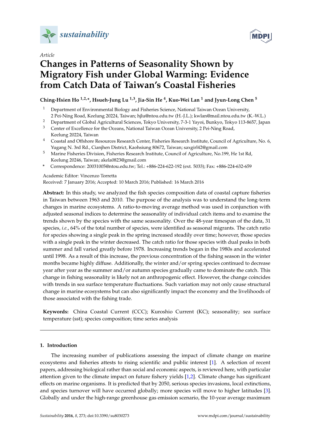 Changes in Patterns of Seasonality Shown by Migratory Fish Under Global Warming: Evidence from Catch Data of Taiwan’S Coastal Fisheries