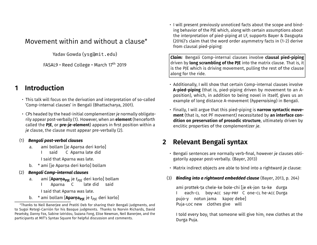 Movement Within and Without a Clause 1 Introduction 2 Relevant Bengali