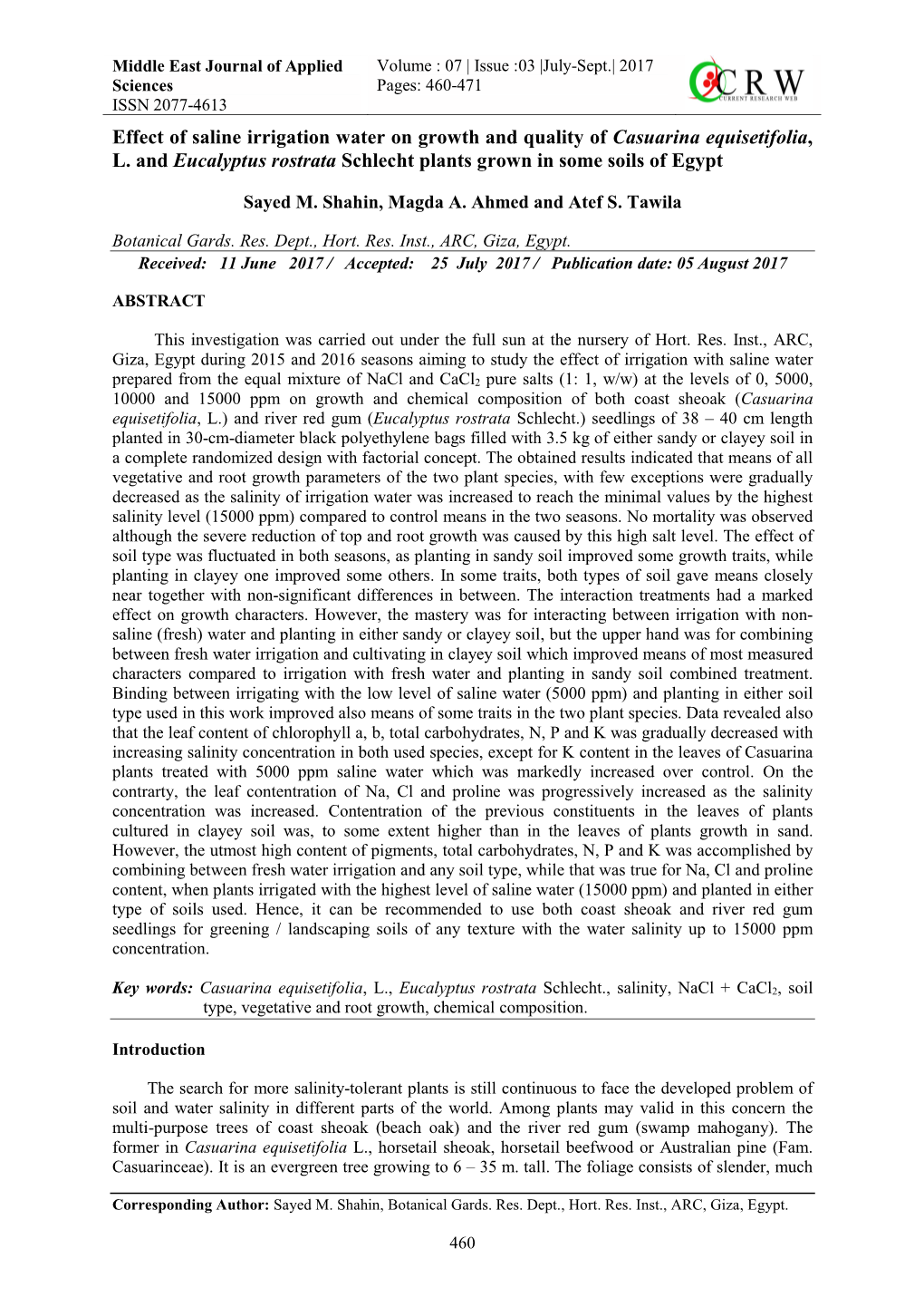 Effect of Saline Irrigation Water on Growth and Quality of Casuarina Equisetifolia, L