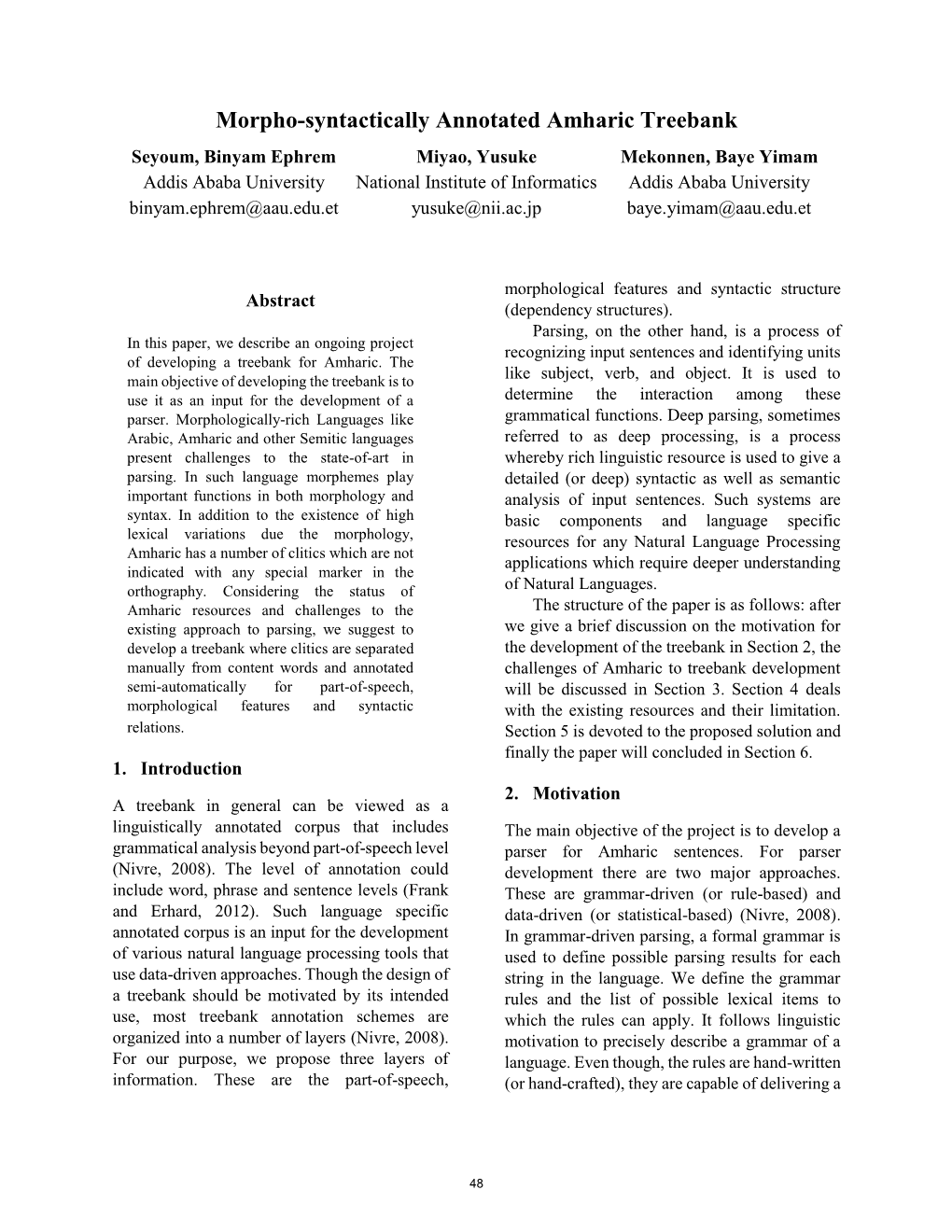 Morpho-Syntactically Annotated Amharic Treebank