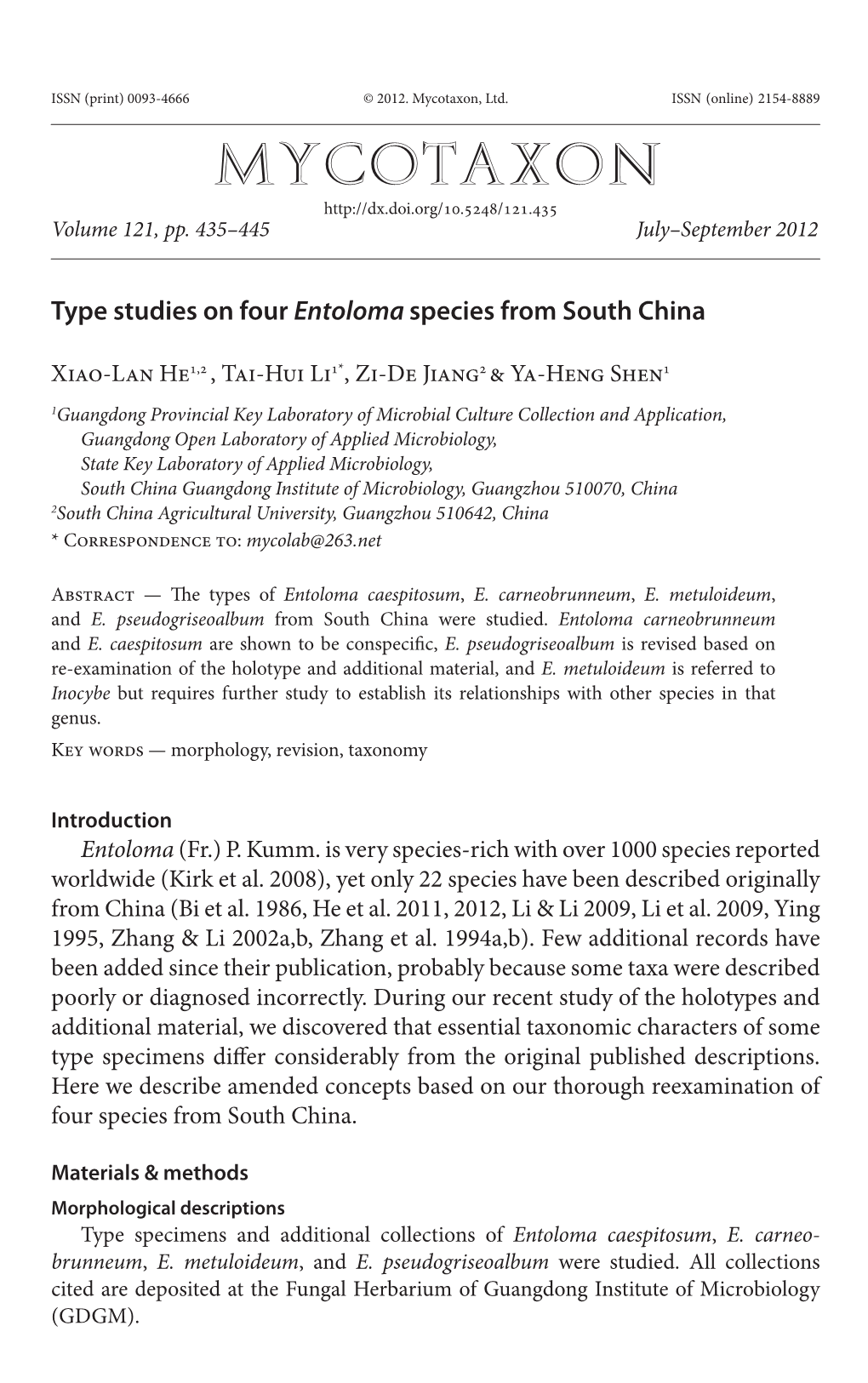 &lt;I&gt;Entoloma&lt;/I&gt; Species from South China