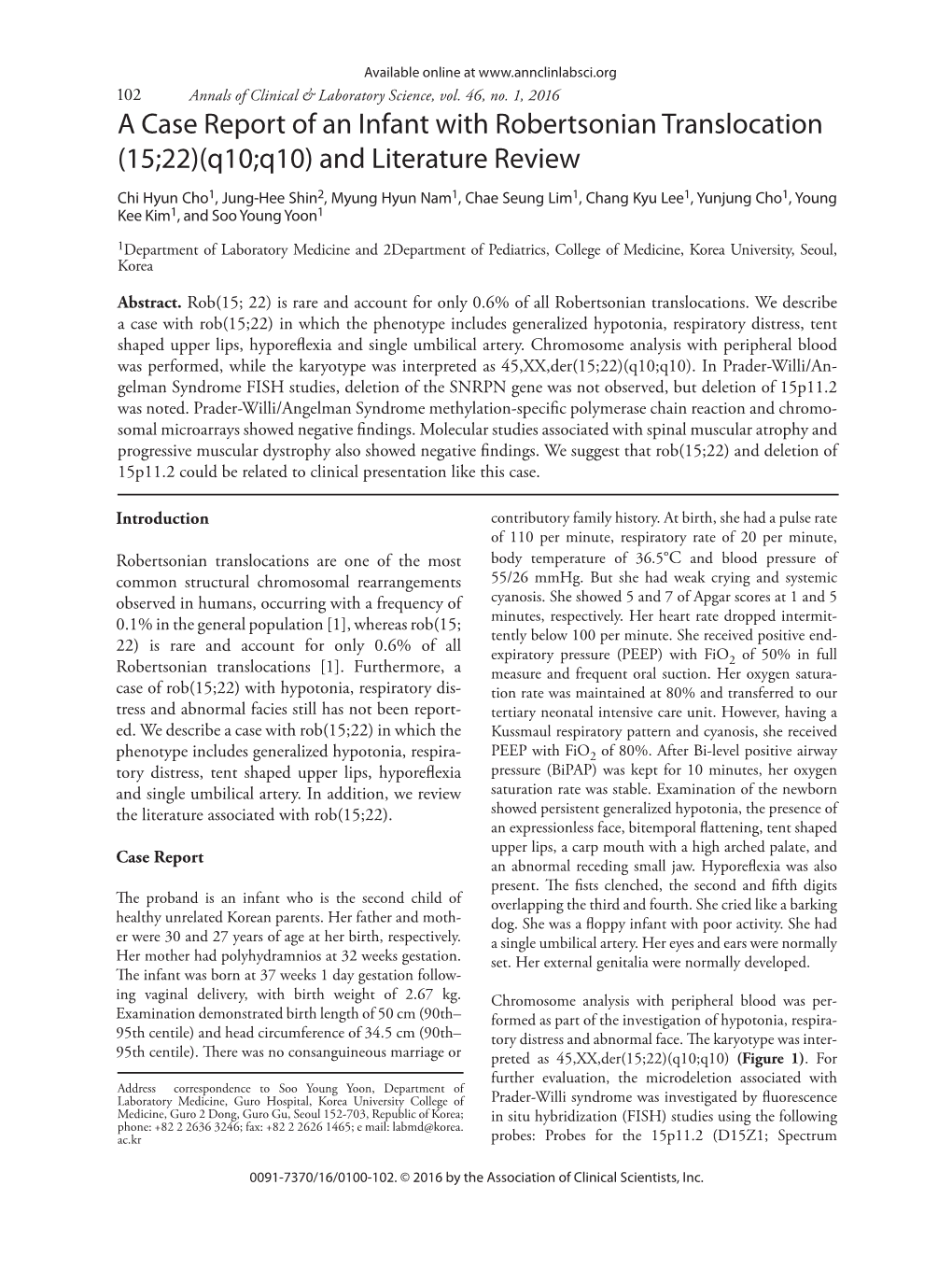 A Case Report of an Infant with Robertsonian Translocation (15;22)