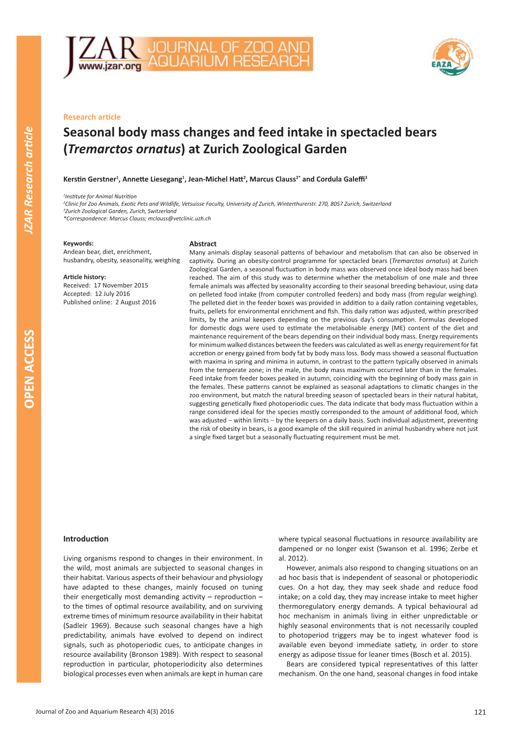 Seasonal Body Mass Changes and Feed Intake in Spectacled Bears