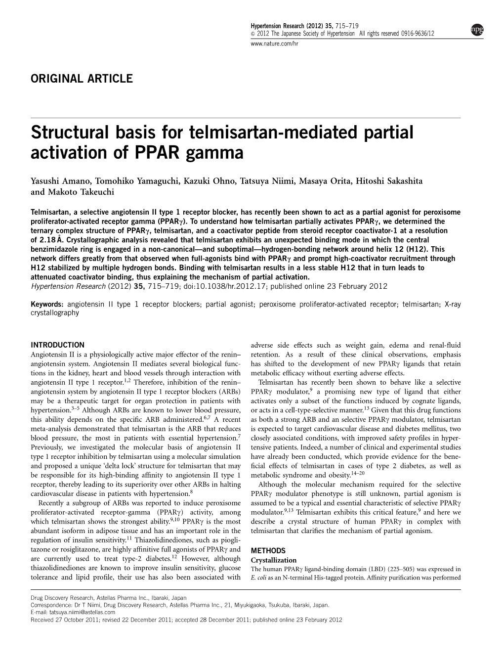 Structural Basis for Telmisartan-Mediated Partial Activation of PPAR Gamma