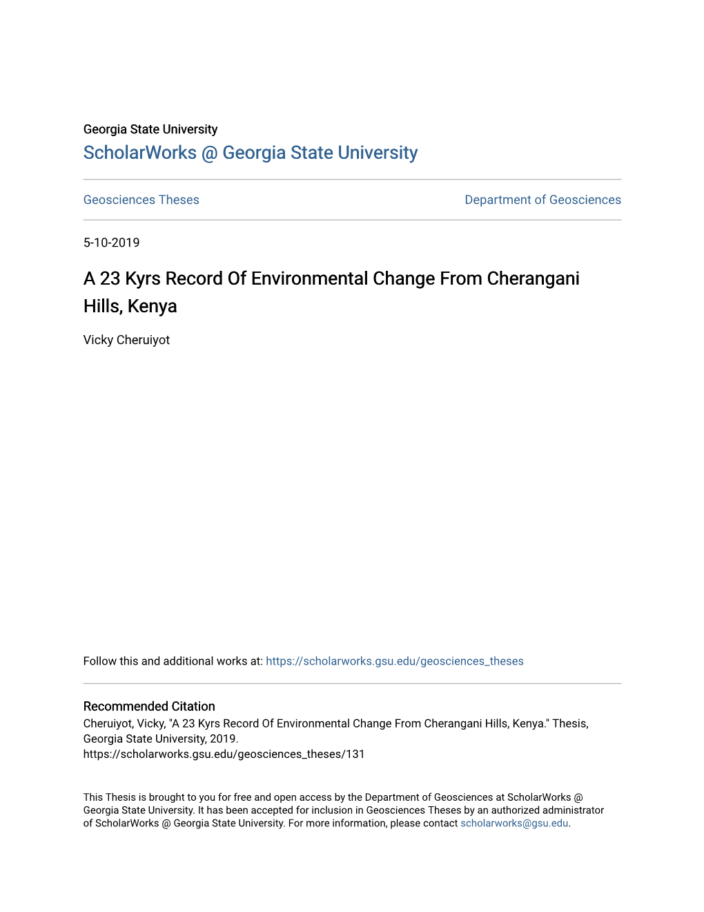 A 23 Kyrs Record of Environmental Change from Cherangani Hills, Kenya