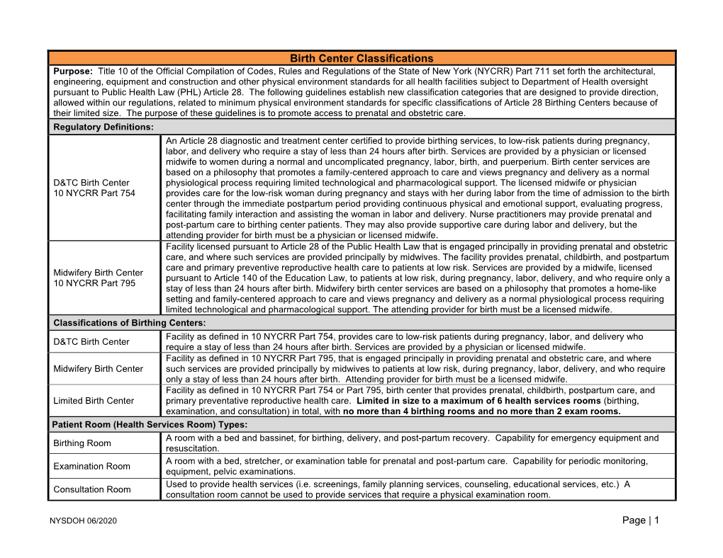 Birth Center Classification Guidelines