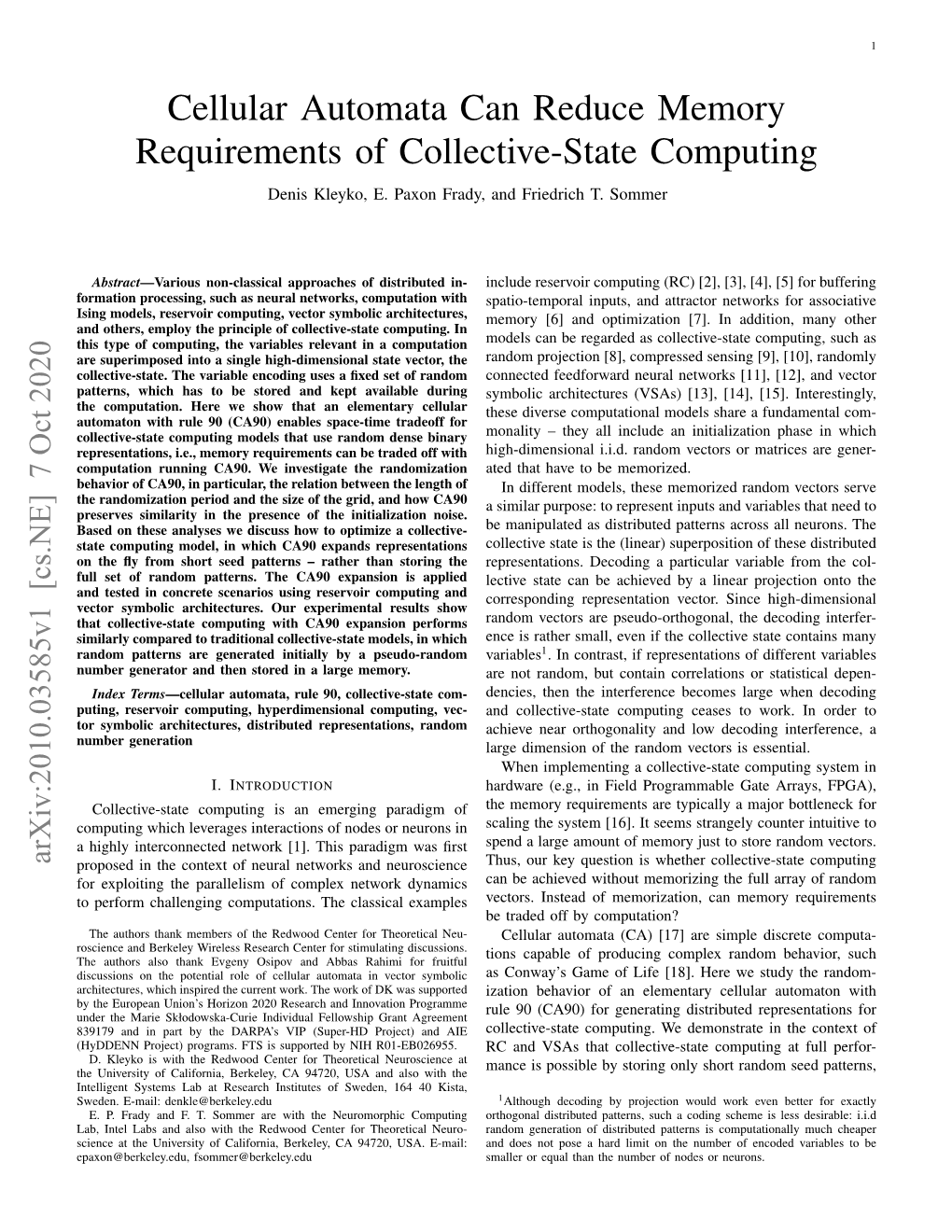 Cellular Automata Can Reduce Memory Requirements of Collective-State Computing Denis Kleyko, E
