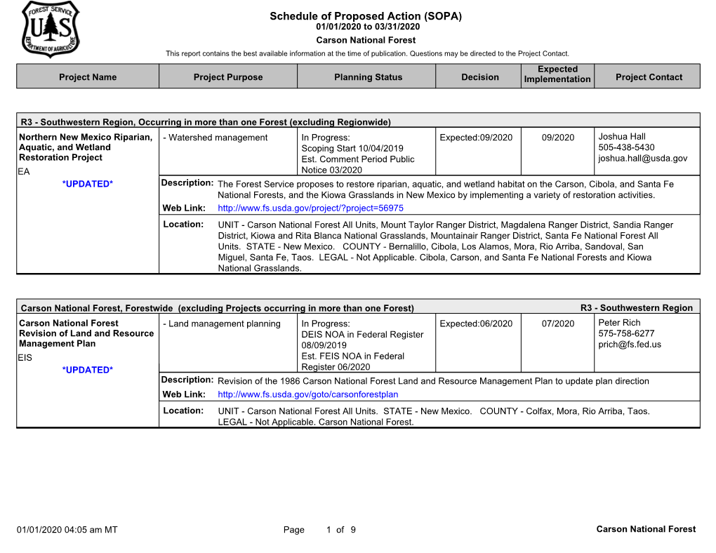 Schedule of Proposed Action (SOPA) 01/01/2020 to 03/31/2020 Carson National Forest This Report Contains the Best Available Information at the Time of Publication