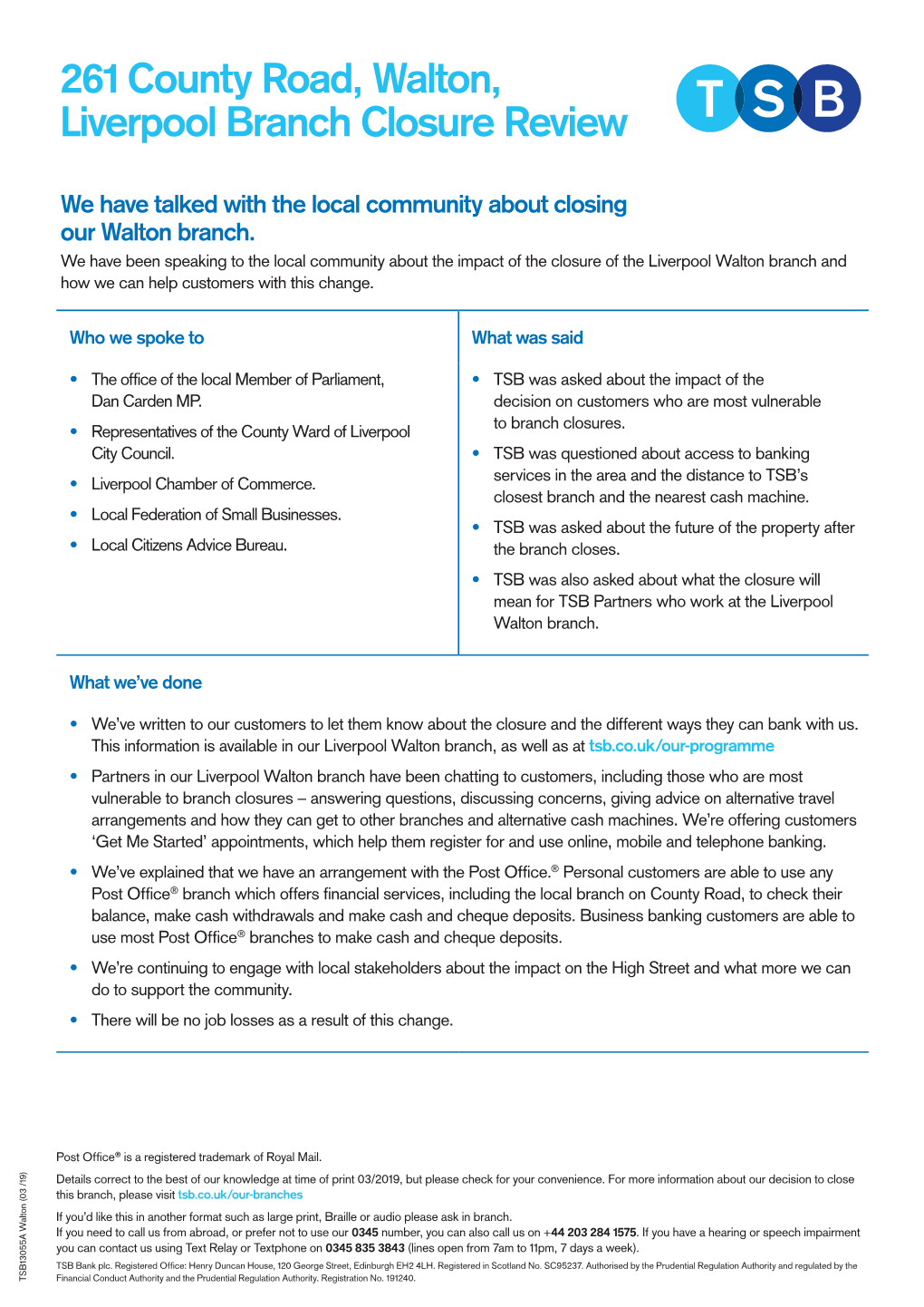 261 County Road, Walton, Liverpool Branch Closure Review