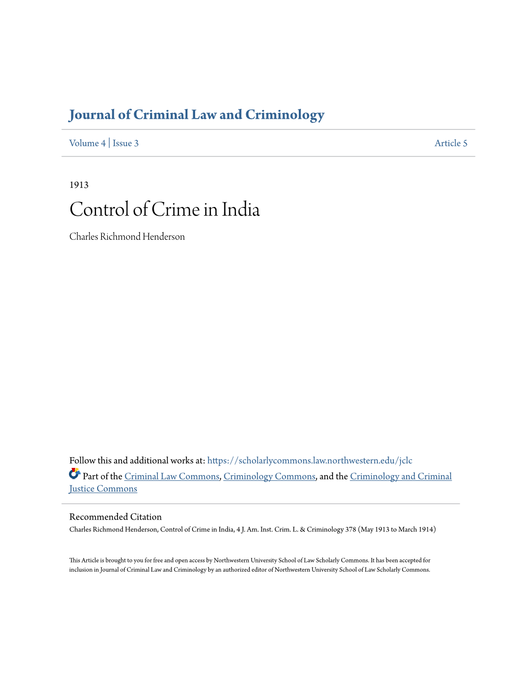 Control of Crime in India Charles Richmond Henderson