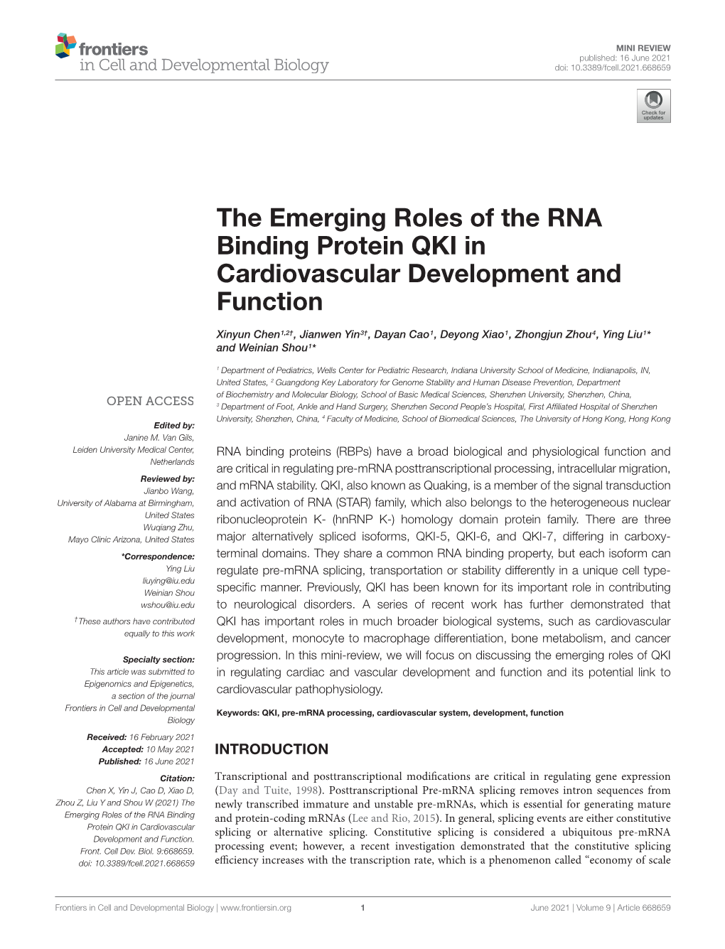 The Emerging Roles of the RNA Binding Protein QKI in Cardiovascular Development and Function