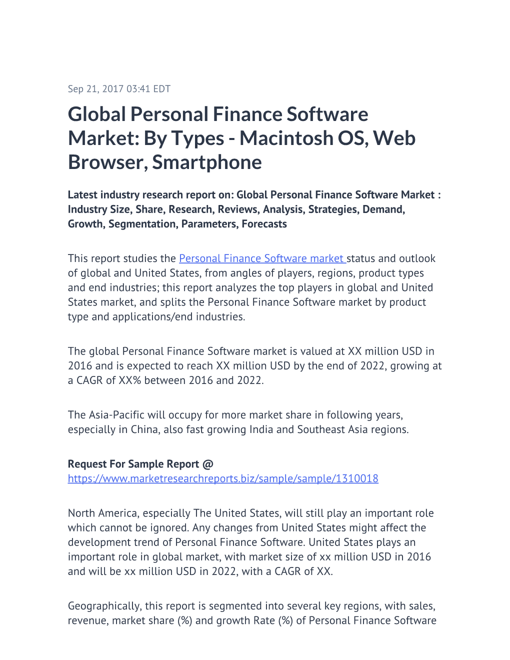 Global Personal Finance Software Market: by Types - Macintosh OS, Web Browser, Smartphone