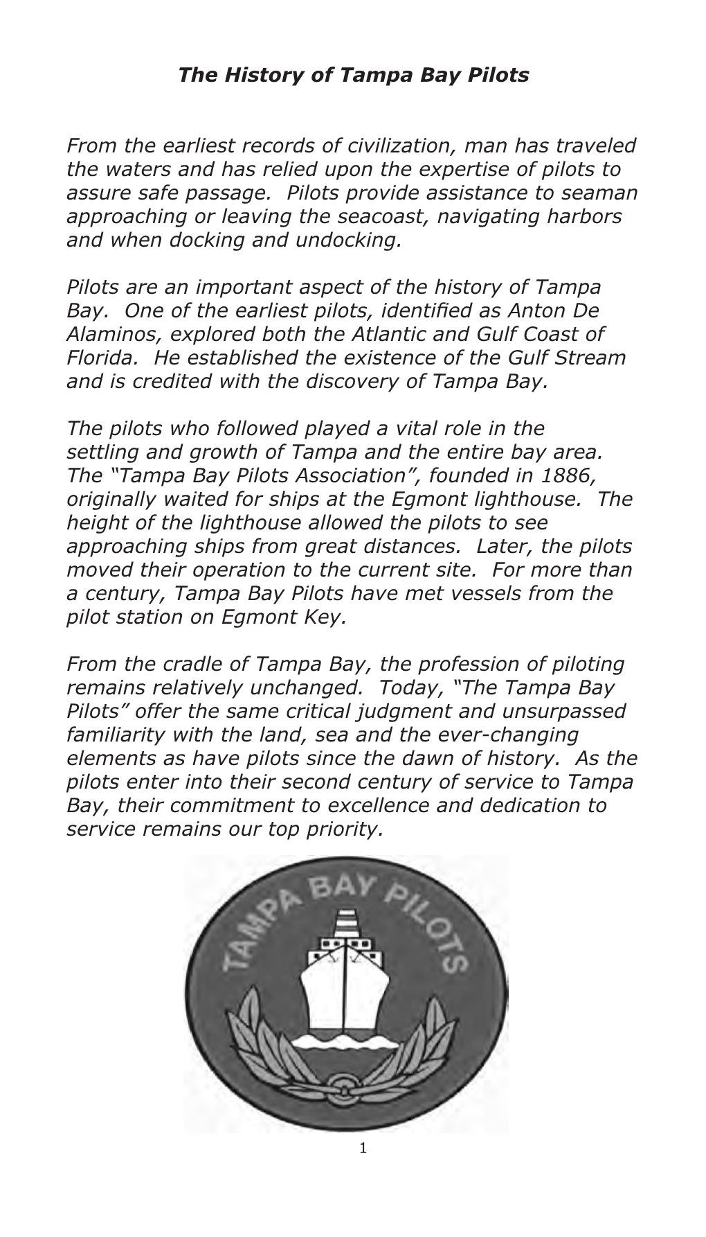 The History of Tampa Bay Pilots from the Earliest Records of Civilization