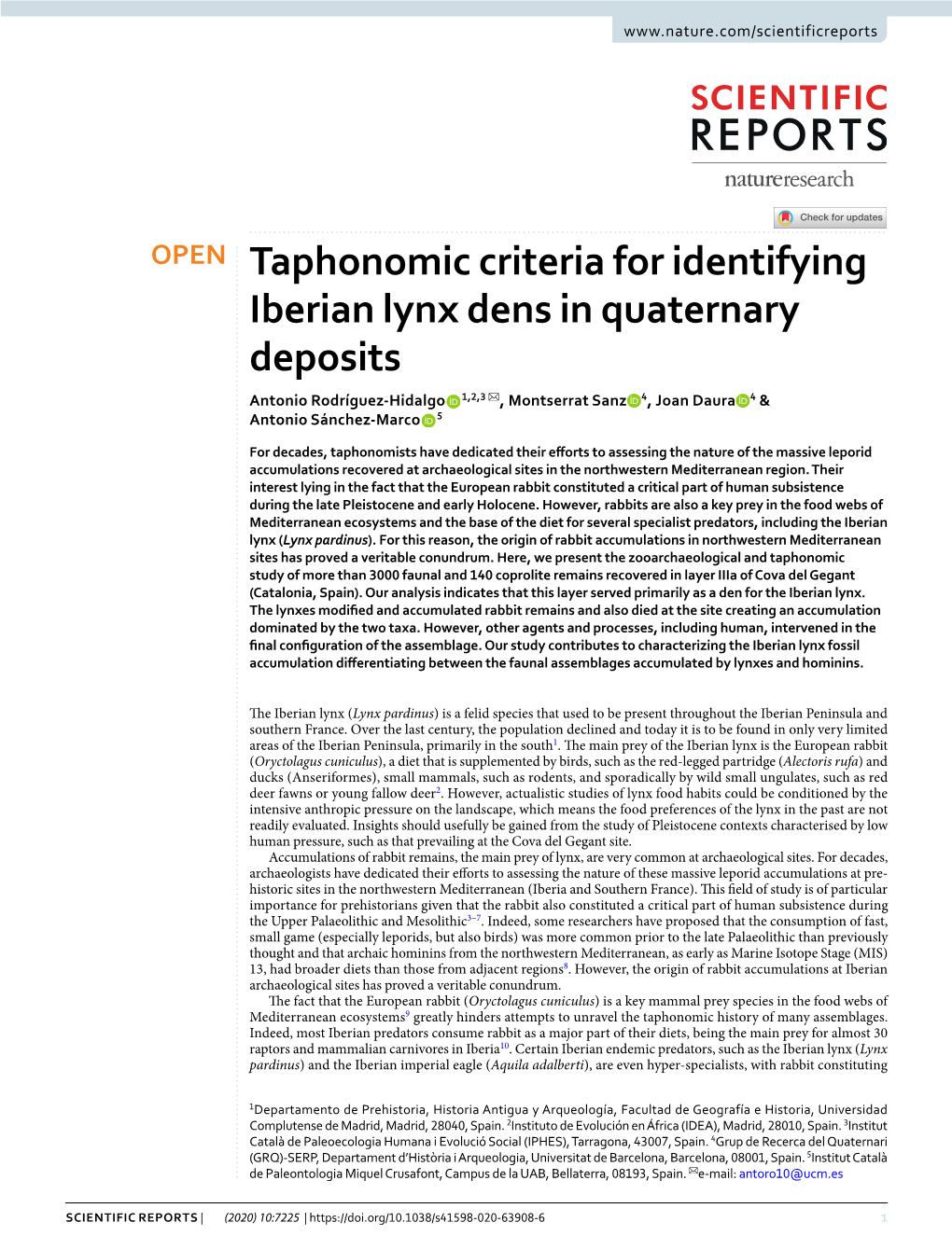 Taphonomic Criteria for Identifying Iberian Lynx Dens in Quaternary