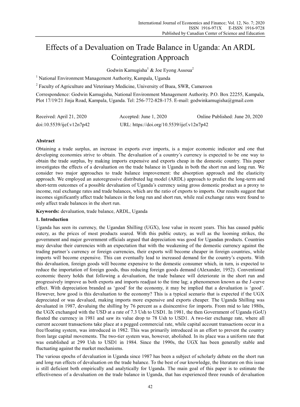 Effects of a Devaluation on Trade Balance in Uganda: an ARDL Cointegration Approach