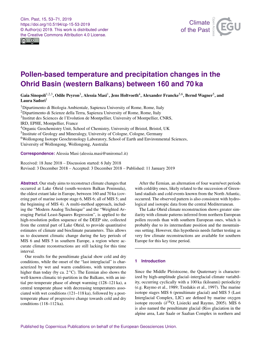 Pollen-Based Temperature and Precipitation Changes in the Ohrid Basin (Western Balkans) Between 160 and 70 Ka