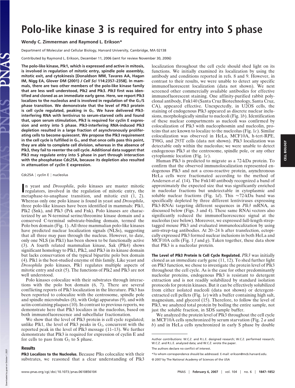 Polo-Like Kinase 3 Is Required for Entry Into S Phase