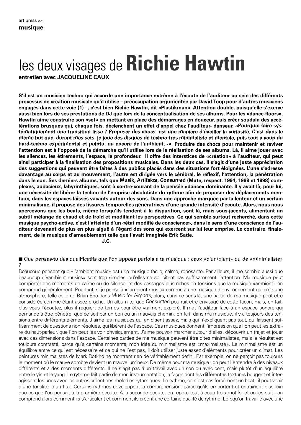 Richie Hawtin Entretien Avec JACQUELINE CAUX