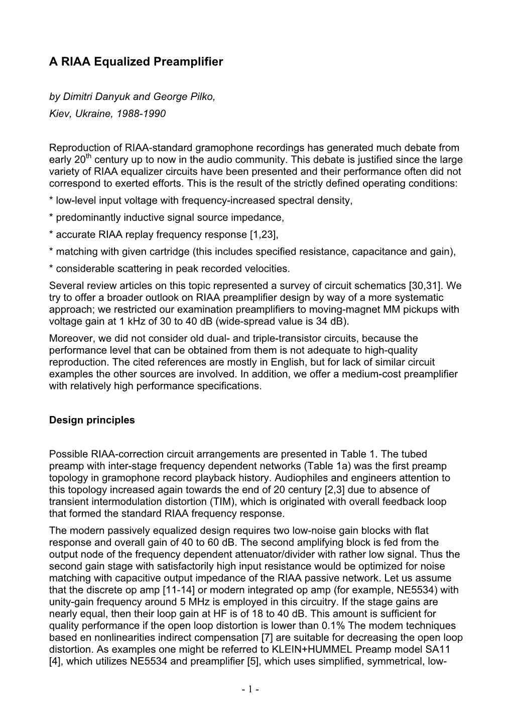 A RIAA Equalized Preamplifier by Dimitri Danyuk and George Pilko, Kiev, Ukraine, 1988-1990
