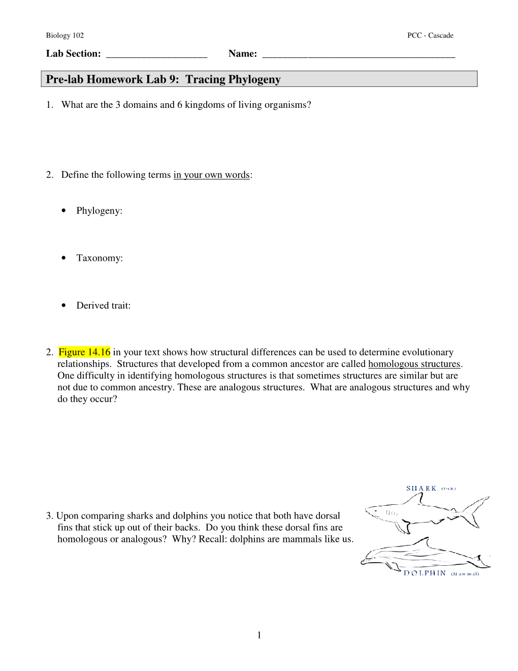 Pre-Lab Homework Lab 9: Tracing Phylogeny