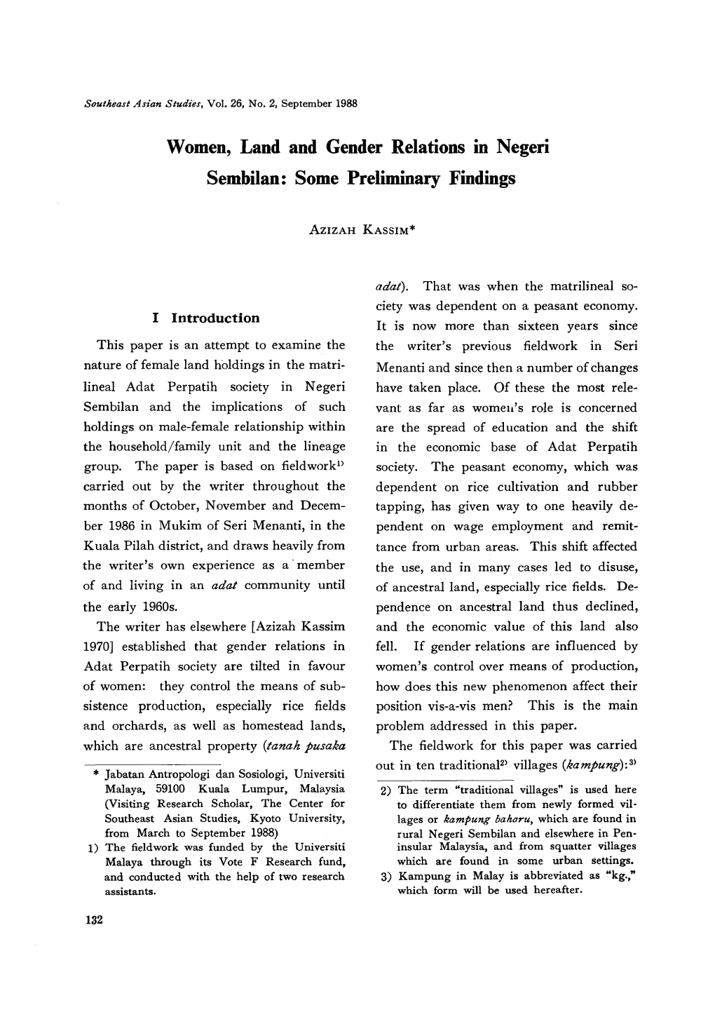 Women, Land and Gender Relations in Negeri Sembilan: Some Preliminary Findings