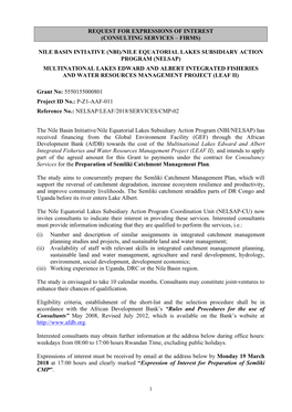 Request for Expressions of Interest (Consulting Services – Firms) Nile Basin Intiative (Nbi)/Nile Equatorial Lakes Subsidiary