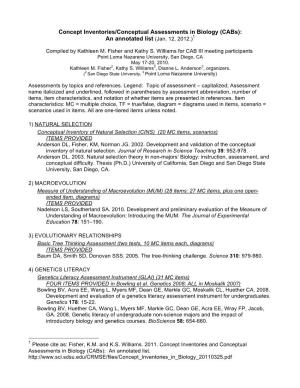 Concept Inventories/Conceptual Assessments in Biology (Cabs): an Annotated List (Jan
