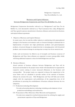 Business and Capital Alliances Between Bridgestone Corporation and Toyo Tire & Rubber Co., Ltd