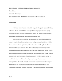 The Problem of Well-Being: Respect, Equality, and the Self Peter Railton University of Michigan Very Preliminary Draft, October