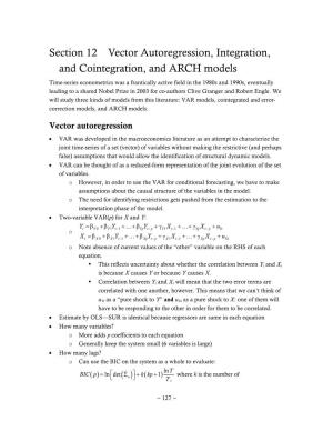 Section 12 Vector Autoregression, Integration, and Cointegration, And