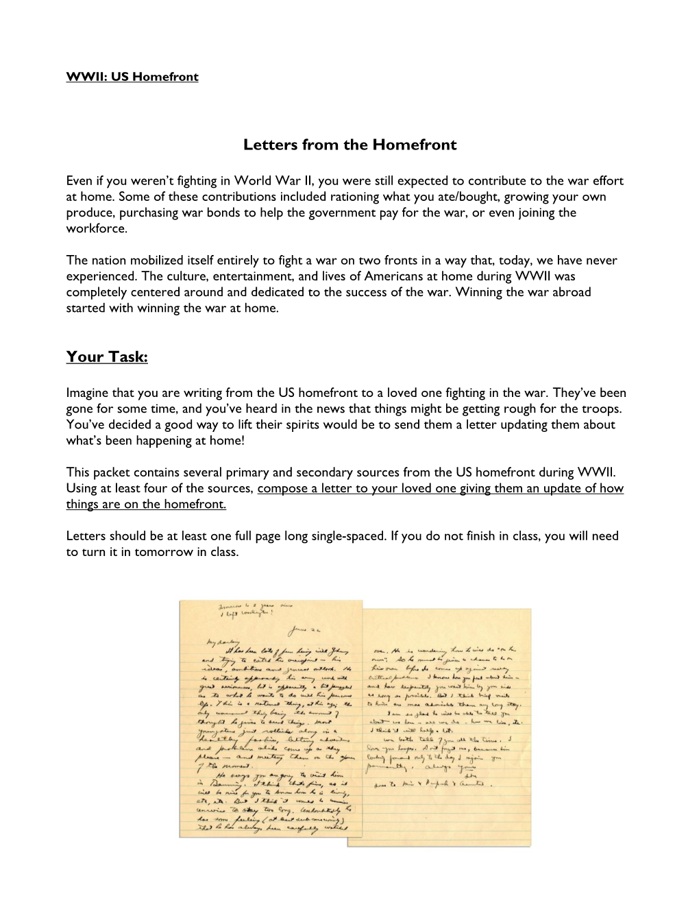 Letters from the Homefront Your Task