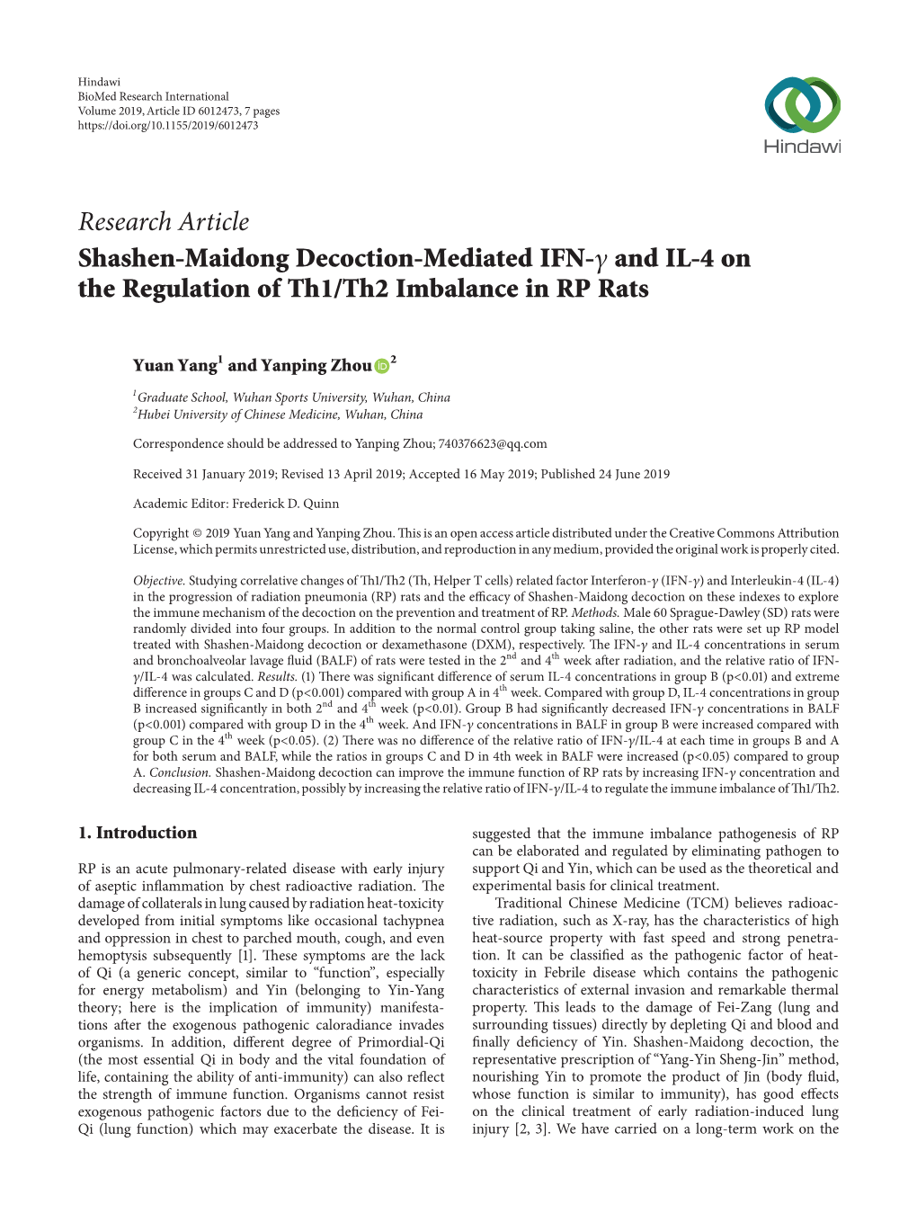 Research Article Shashen-Maidong Decoction-Mediated IFN-� and IL-4 on the Regulation of Th1/Th2 Imbalance in RP Rats