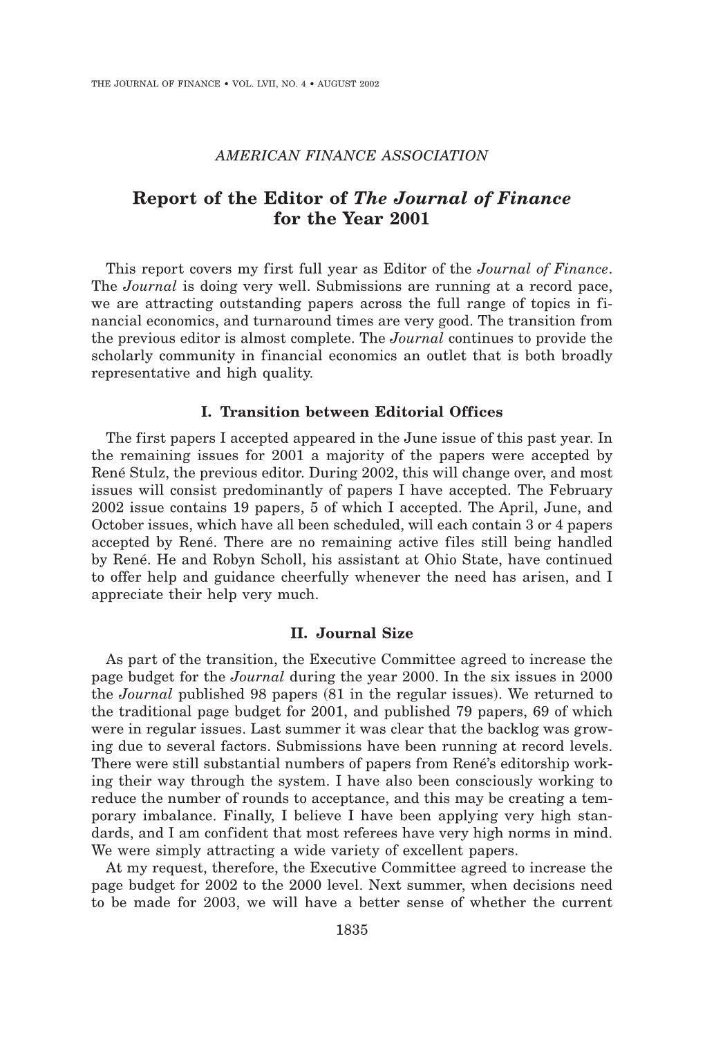 2001 Report: Richard Green, Editor