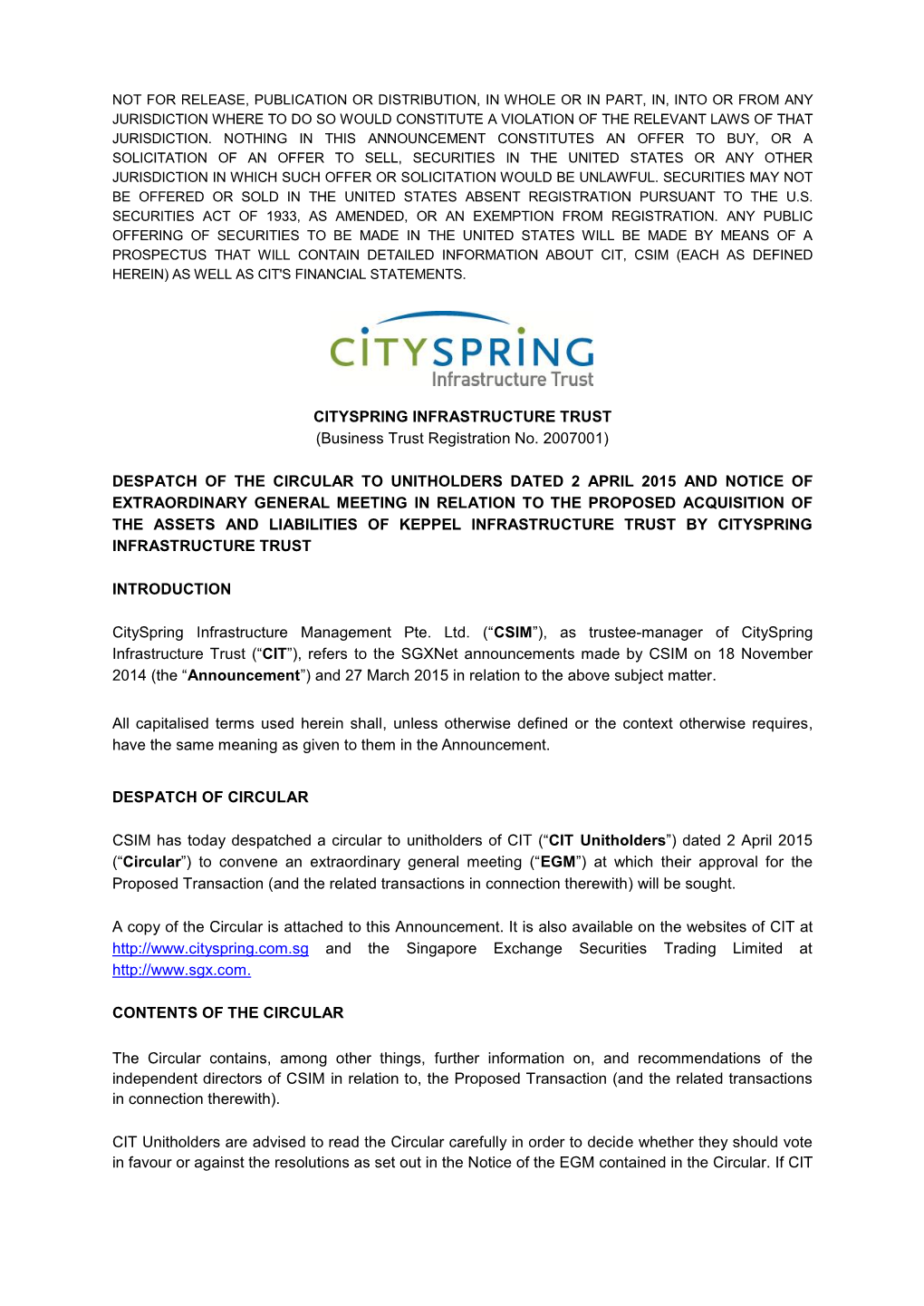 CITYSPRING INFRASTRUCTURE TRUST (Business Trust Registration No