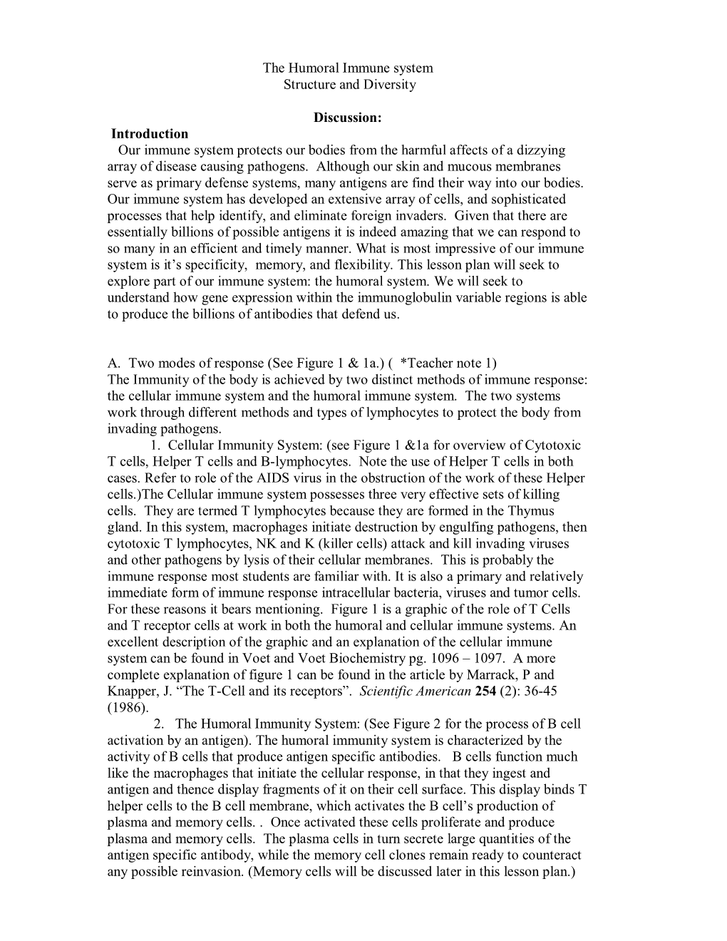 The Humoral Immune System Structure and Diversity Discussion